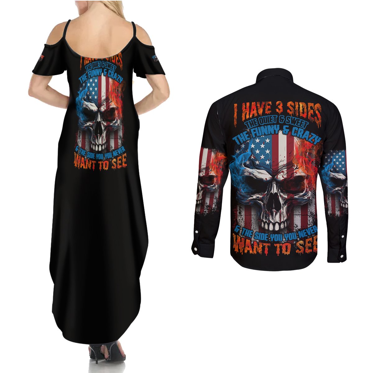 I Have Three Sides Skull Flag Couples Matching Summer Maxi Dress and Long Sleeve Button Shirt - Wonder Print Shop