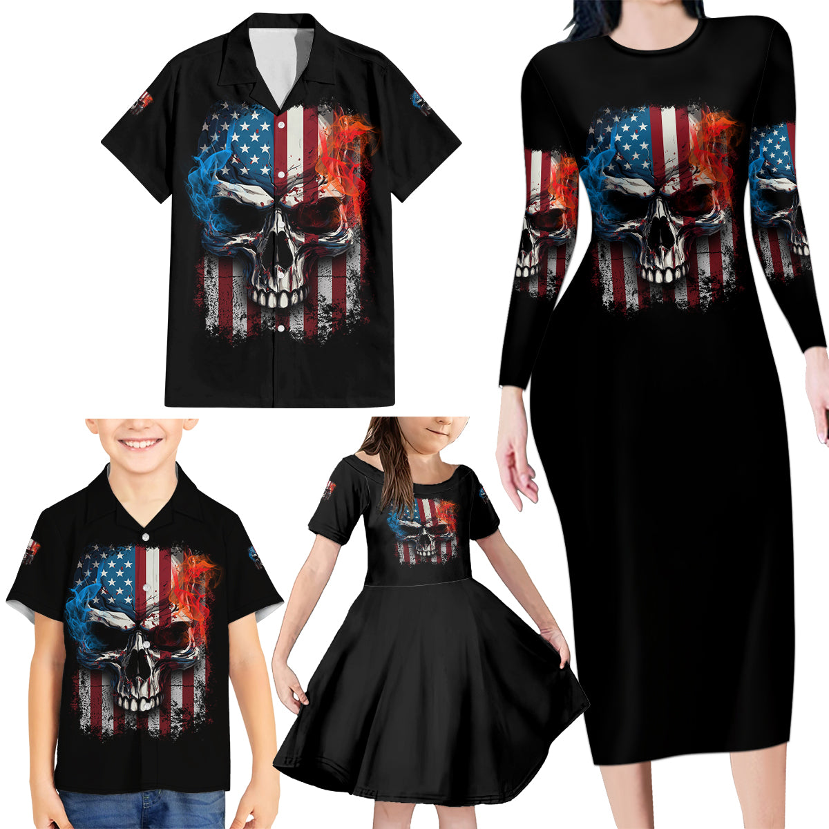 I Have Three Sides Skull Flag Family Matching Long Sleeve Bodycon Dress and Hawaiian Shirt - Wonder Print Shop