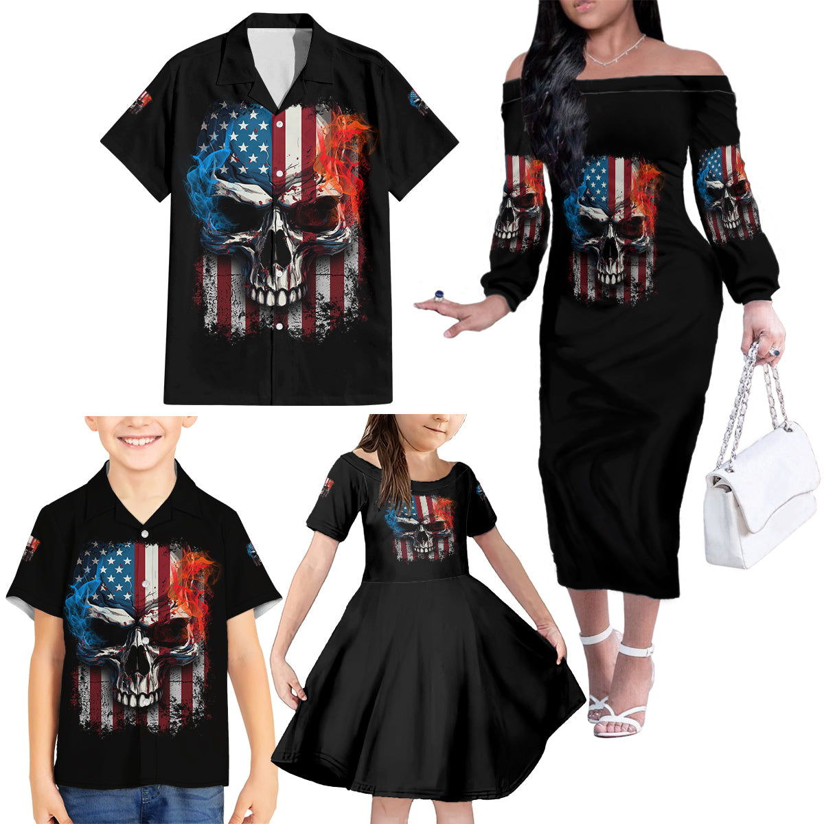 I Have Three Sides Skull Flag Family Matching Off Shoulder Long Sleeve Dress and Hawaiian Shirt - Wonder Print Shop