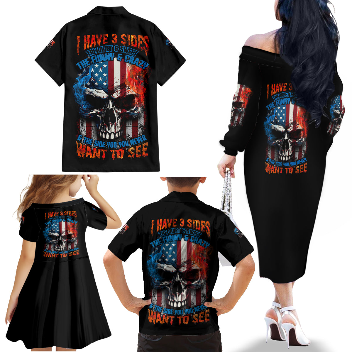 I Have Three Sides Skull Flag Family Matching Off Shoulder Long Sleeve Dress and Hawaiian Shirt - Wonder Print Shop