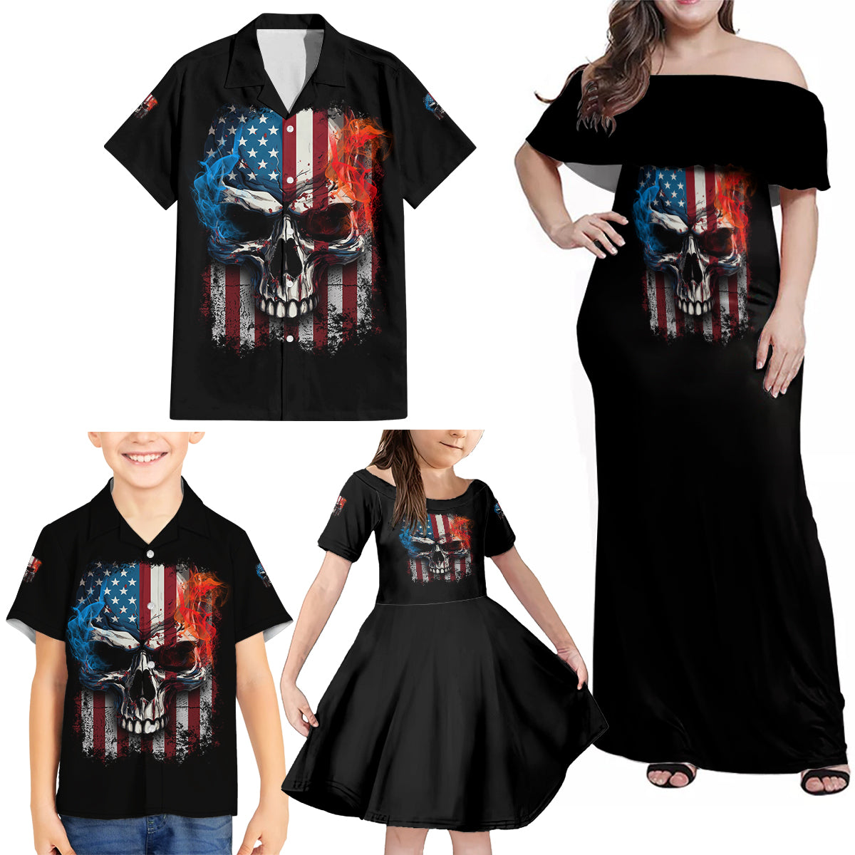 I Have Three Sides Skull Flag Family Matching Off Shoulder Maxi Dress and Hawaiian Shirt - Wonder Print Shop