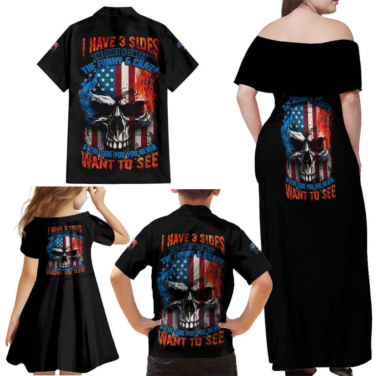 I Have Three Sides Skull Flag Family Matching Off Shoulder Maxi Dress and Hawaiian Shirt - Wonder Print Shop