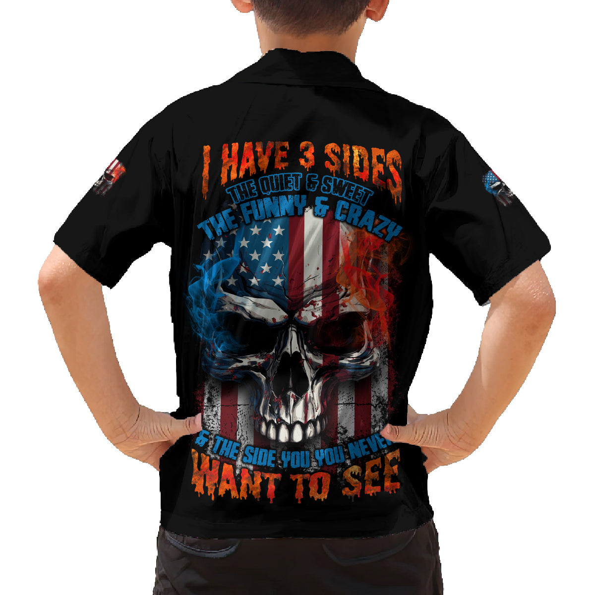 I Have Three Sides Skull Flag Family Matching Off Shoulder Short Dress and Hawaiian Shirt - Wonder Print Shop