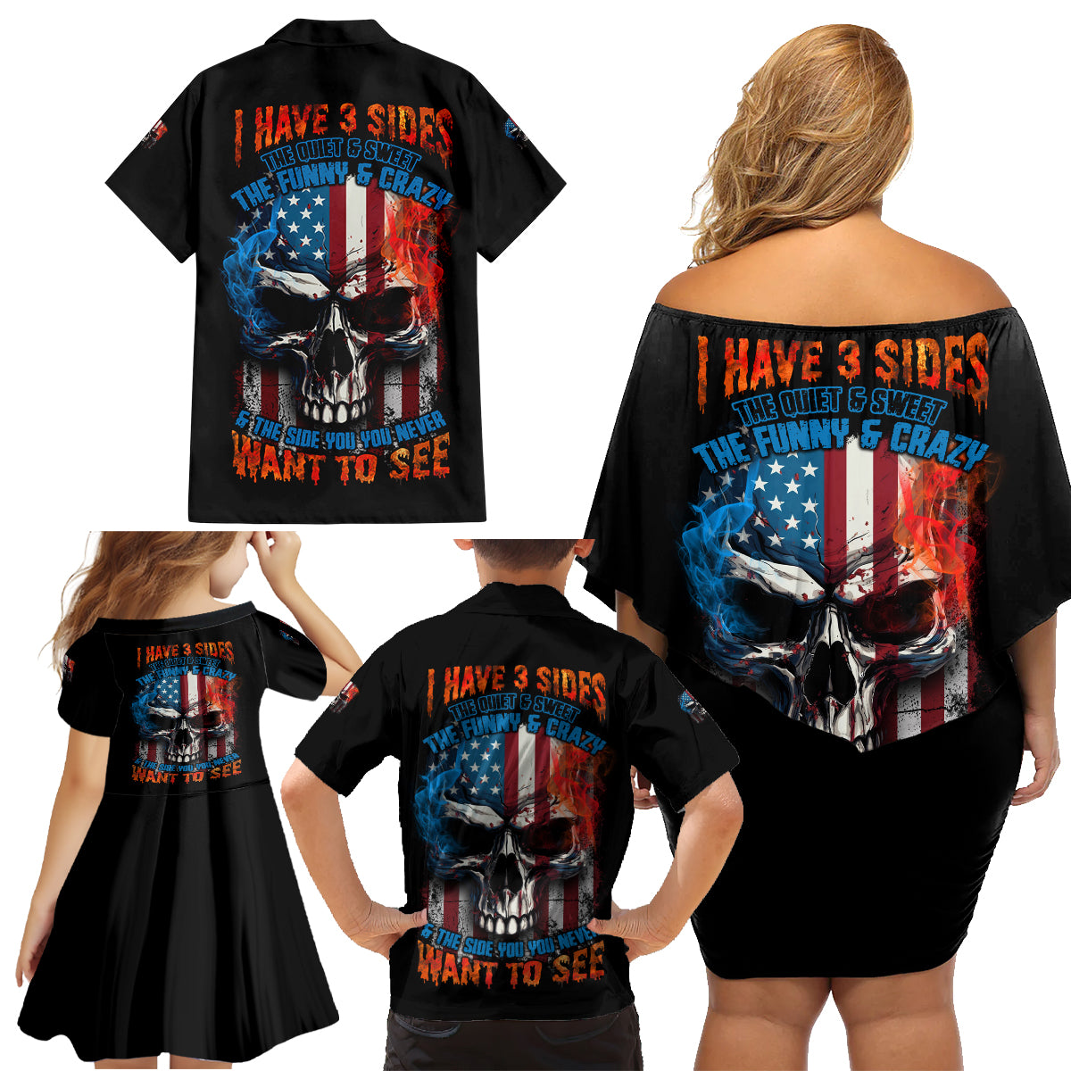 I Have Three Sides Skull Flag Family Matching Off Shoulder Short Dress and Hawaiian Shirt - Wonder Print Shop