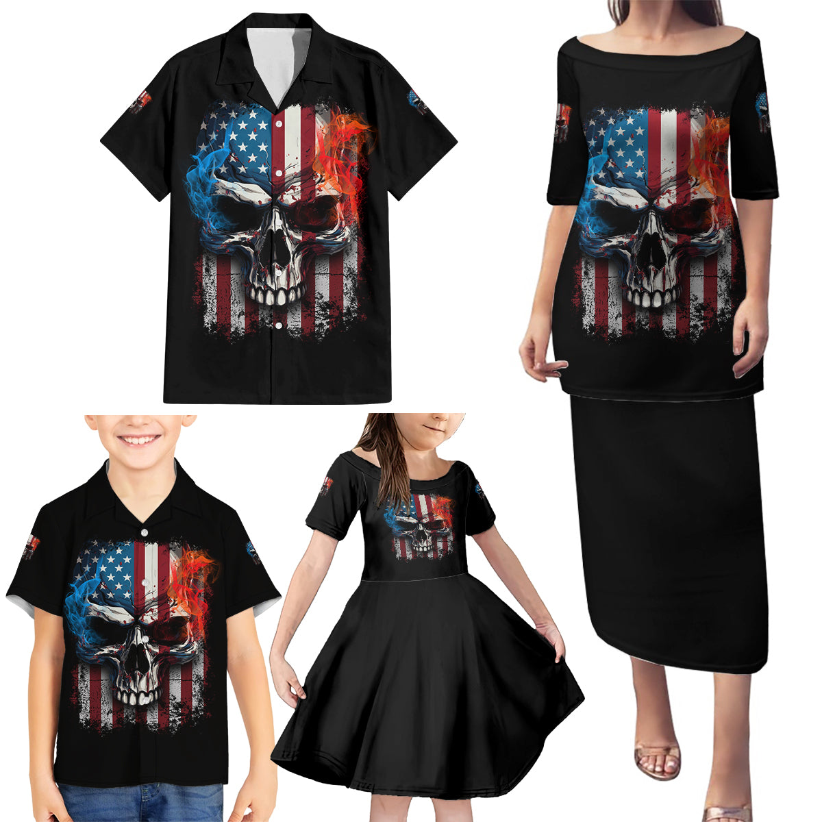 I Have Three Sides Skull Flag Family Matching Puletasi Dress and Hawaiian Shirt - Wonder Print Shop