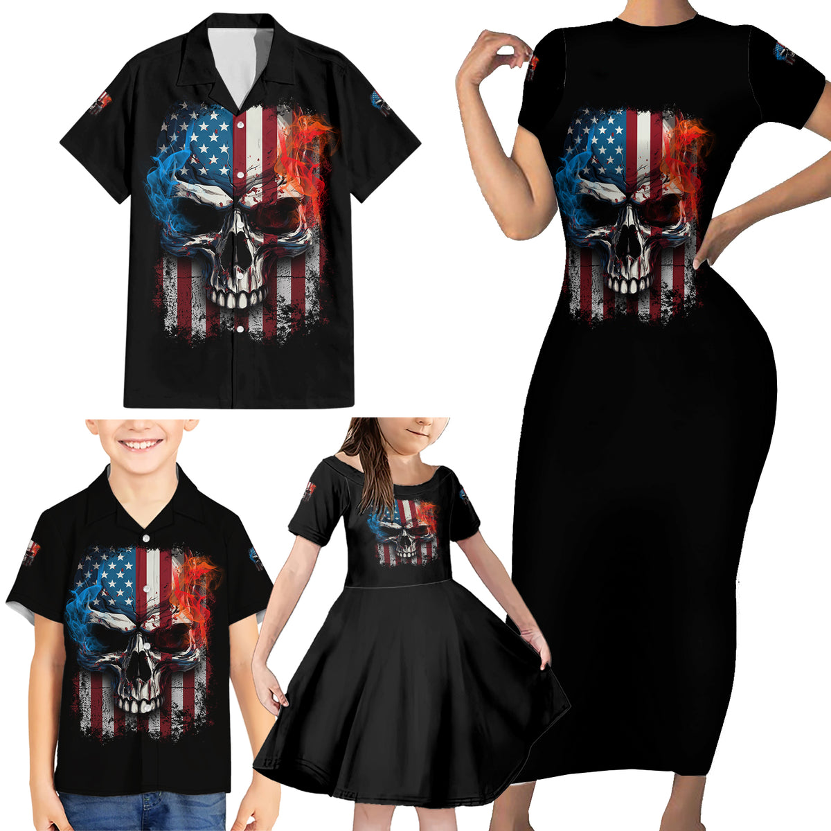 I Have Three Sides Skull Flag Family Matching Short Sleeve Bodycon Dress and Hawaiian Shirt - Wonder Print Shop