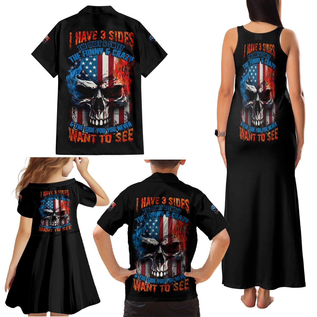 I Have Three Sides Skull Flag Family Matching Tank Maxi Dress and Hawaiian Shirt - Wonder Print Shop