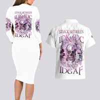 Stuck Between Idk Idc And IDGAF Skull Couples Matching Long Sleeve Bodycon Dress and Hawaiian Shirt - Wonder Print Shop