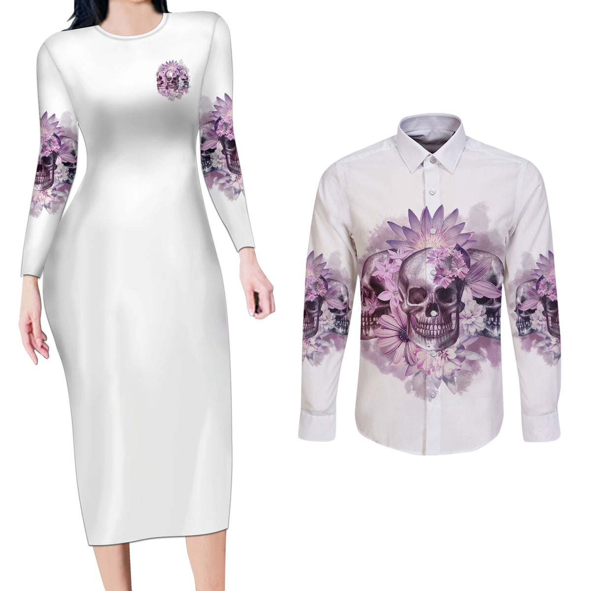 Stuck Between Idk Idc And IDGAF Skull Couples Matching Long Sleeve Bodycon Dress and Long Sleeve Button Shirt - Wonder Print Shop