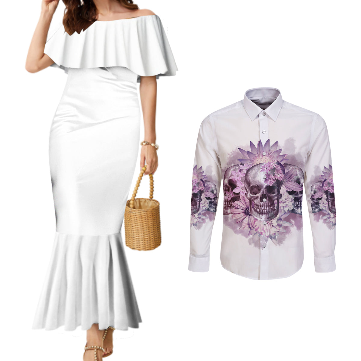 stuck-between-idk-idc-and-idgaf-skull-couples-matching-mermaid-dress-and-long-sleeve-button-shirt