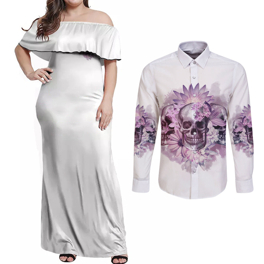 Stuck Between Idk Idc And IDGAF Skull Couples Matching Off Shoulder Maxi Dress and Long Sleeve Button Shirt - Wonder Print Shop