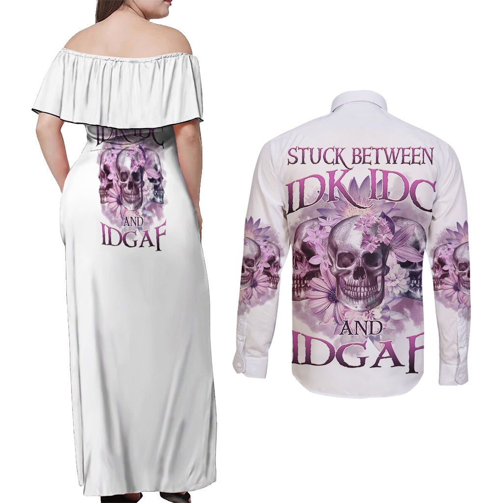 Stuck Between Idk Idc And IDGAF Skull Couples Matching Off Shoulder Maxi Dress and Long Sleeve Button Shirt - Wonder Print Shop