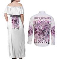 Stuck Between Idk Idc And IDGAF Skull Couples Matching Off Shoulder Maxi Dress and Long Sleeve Button Shirt - Wonder Print Shop