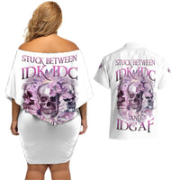 Stuck Between Idk Idc And IDGAF Skull Couples Matching Off Shoulder Short Dress and Hawaiian Shirt - Wonder Print Shop
