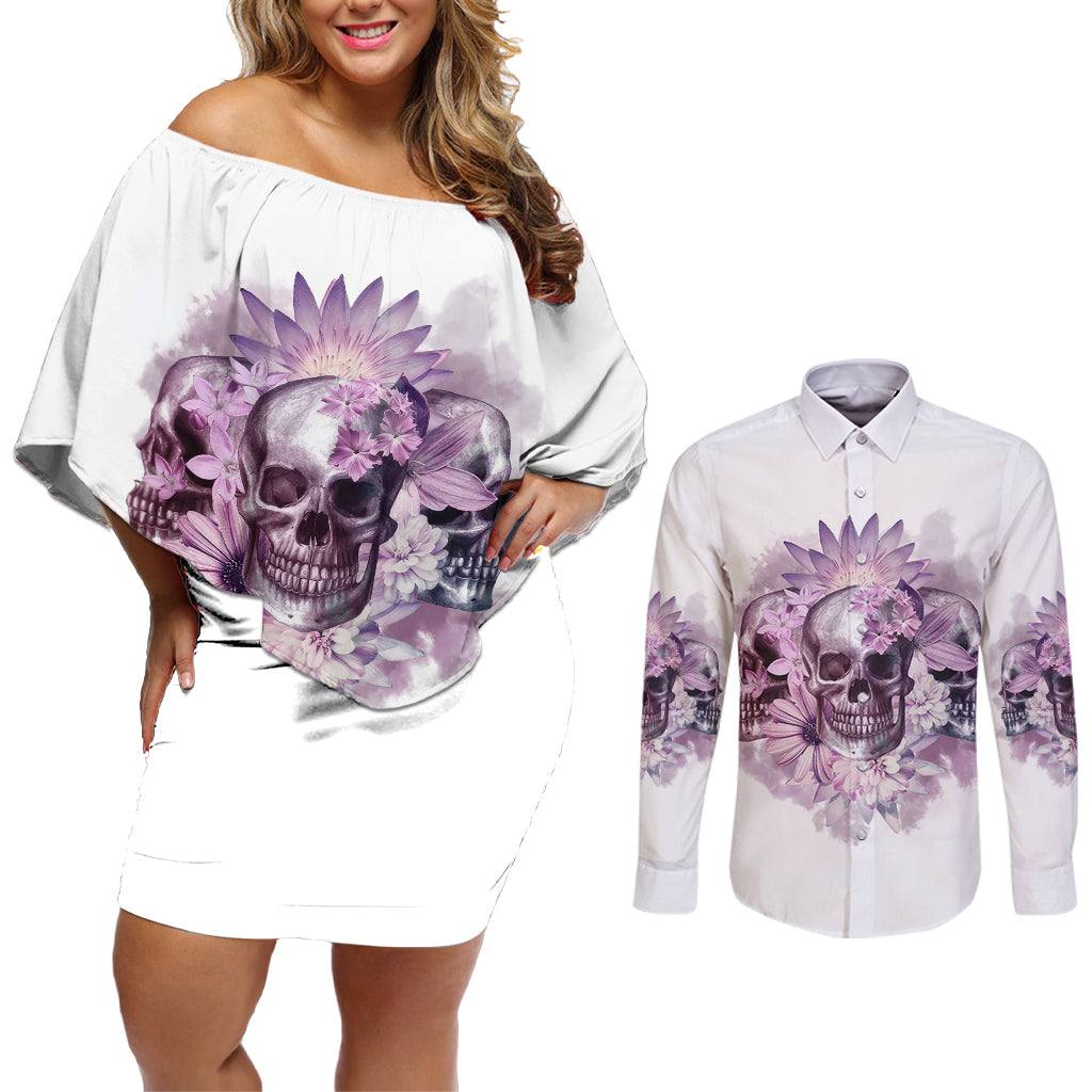 Stuck Between Idk Idc And IDGAF Skull Couples Matching Off Shoulder Short Dress and Long Sleeve Button Shirt - Wonder Print Shop