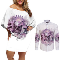 Stuck Between Idk Idc And IDGAF Skull Couples Matching Off Shoulder Short Dress and Long Sleeve Button Shirt - Wonder Print Shop