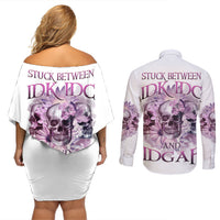 Stuck Between Idk Idc And IDGAF Skull Couples Matching Off Shoulder Short Dress and Long Sleeve Button Shirt - Wonder Print Shop