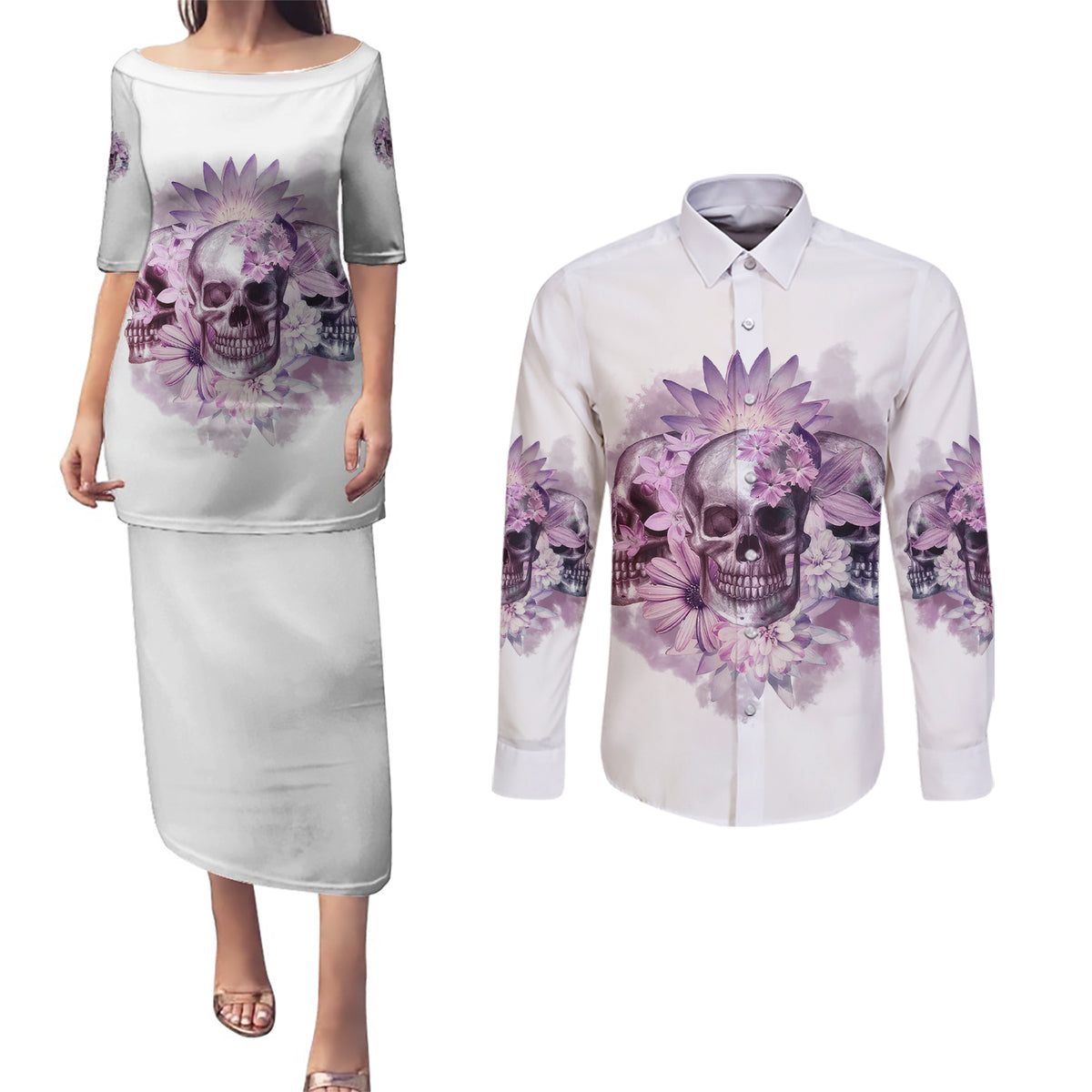 Stuck Between Idk Idc And IDGAF Skull Couples Matching Puletasi Dress and Long Sleeve Button Shirt - Wonder Print Shop