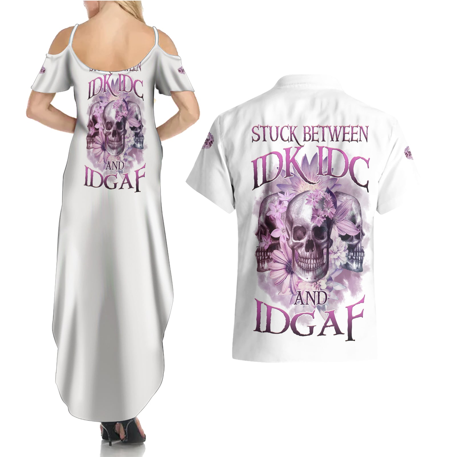 Stuck Between Idk Idc And IDGAF Skull Couples Matching Summer Maxi Dress and Hawaiian Shirt - Wonder Print Shop