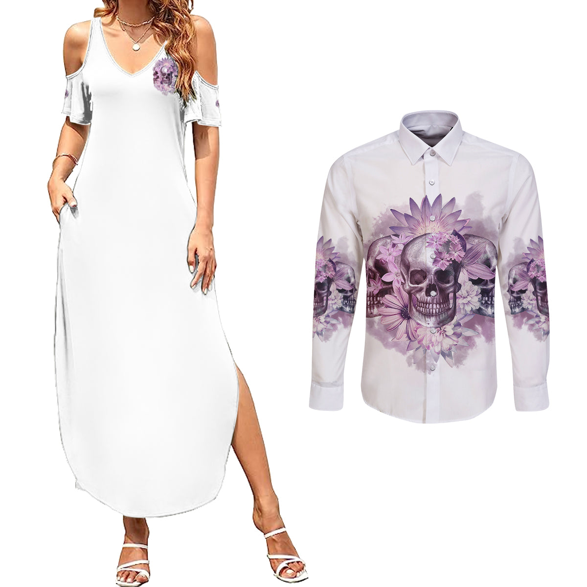 Stuck Between Idk Idc And IDGAF Skull Couples Matching Summer Maxi Dress and Long Sleeve Button Shirt - Wonder Print Shop