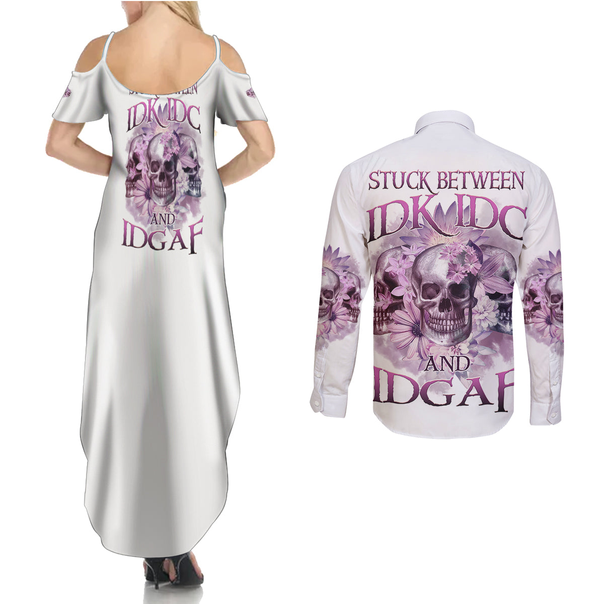 Stuck Between Idk Idc And IDGAF Skull Couples Matching Summer Maxi Dress and Long Sleeve Button Shirt - Wonder Print Shop