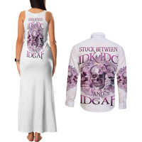 Stuck Between Idk Idc And IDGAF Skull Couples Matching Tank Maxi Dress and Long Sleeve Button Shirt - Wonder Print Shop