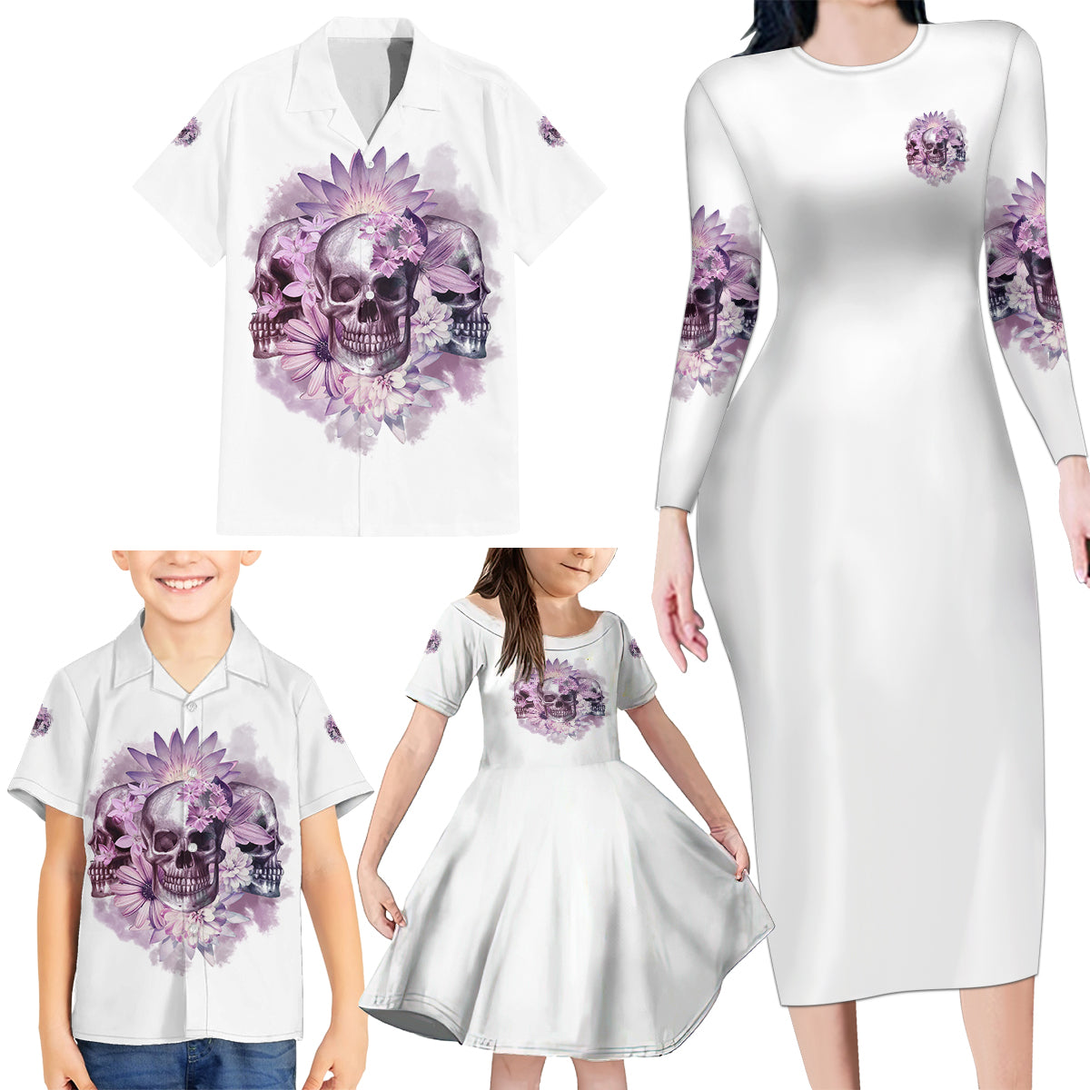 Stuck Between Idk Idc And IDGAF Skull Family Matching Long Sleeve Bodycon Dress and Hawaiian Shirt - Wonder Print Shop