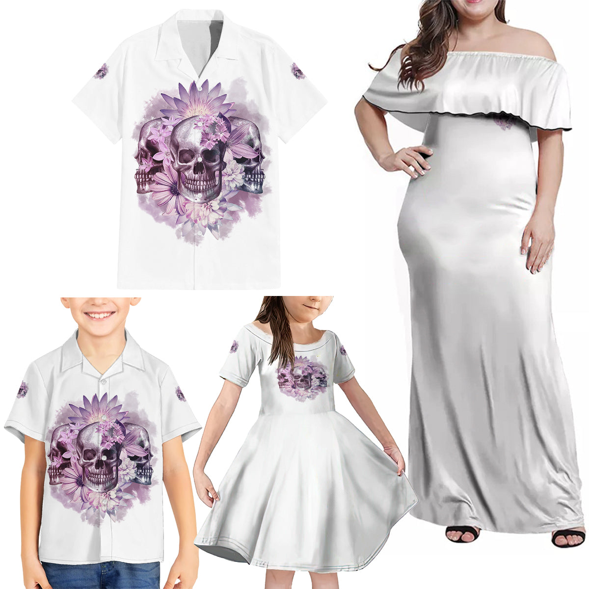 Stuck Between Idk Idc And IDGAF Skull Family Matching Off Shoulder Maxi Dress and Hawaiian Shirt - Wonder Print Shop