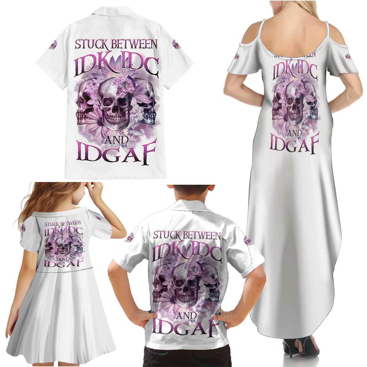 Stuck Between Idk Idc And IDGAF Skull Family Matching Summer Maxi Dress and Hawaiian Shirt - Wonder Print Shop