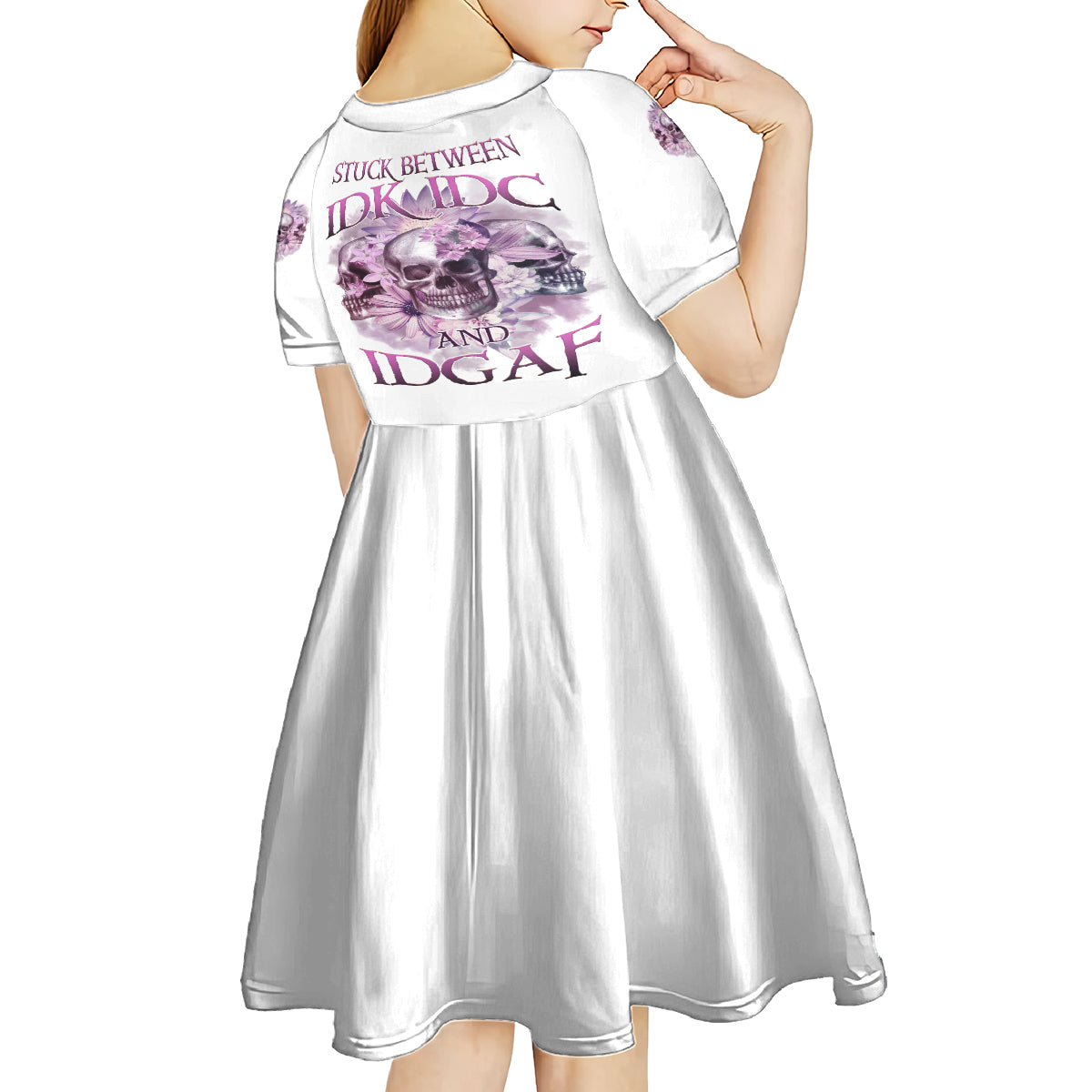 Stuck Between Idk Idc And IDGAF Skull Kid Short Sleeve Dress - Wonder Print Shop