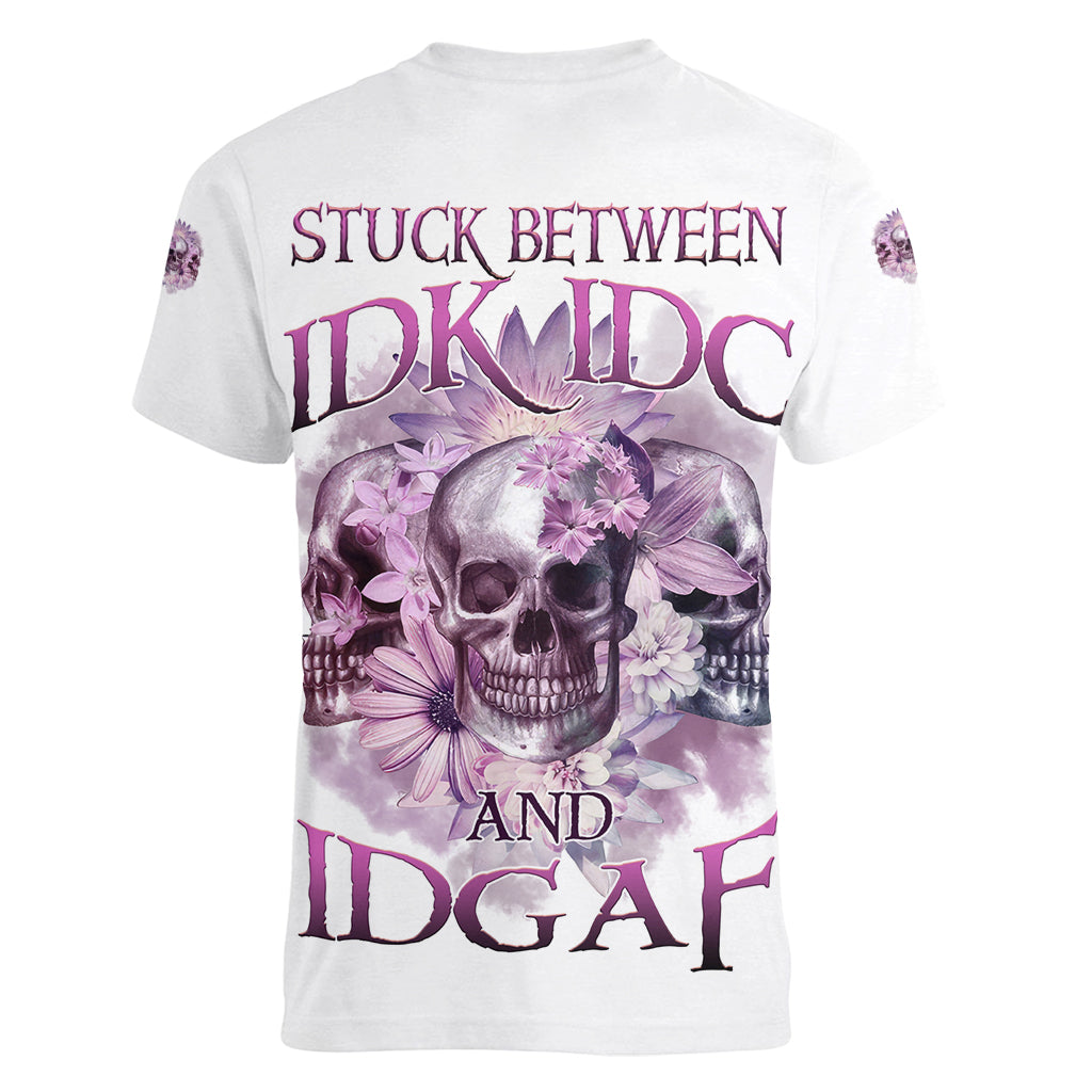 Stuck Between Idk Idc And IDGAF Skull Women V Neck T Shirt - Wonder Print Shop