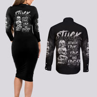 Stuck Between Idk Idc Idgaf Couples Matching Long Sleeve Bodycon Dress and Long Sleeve Button Shirt - Wonder Print Shop