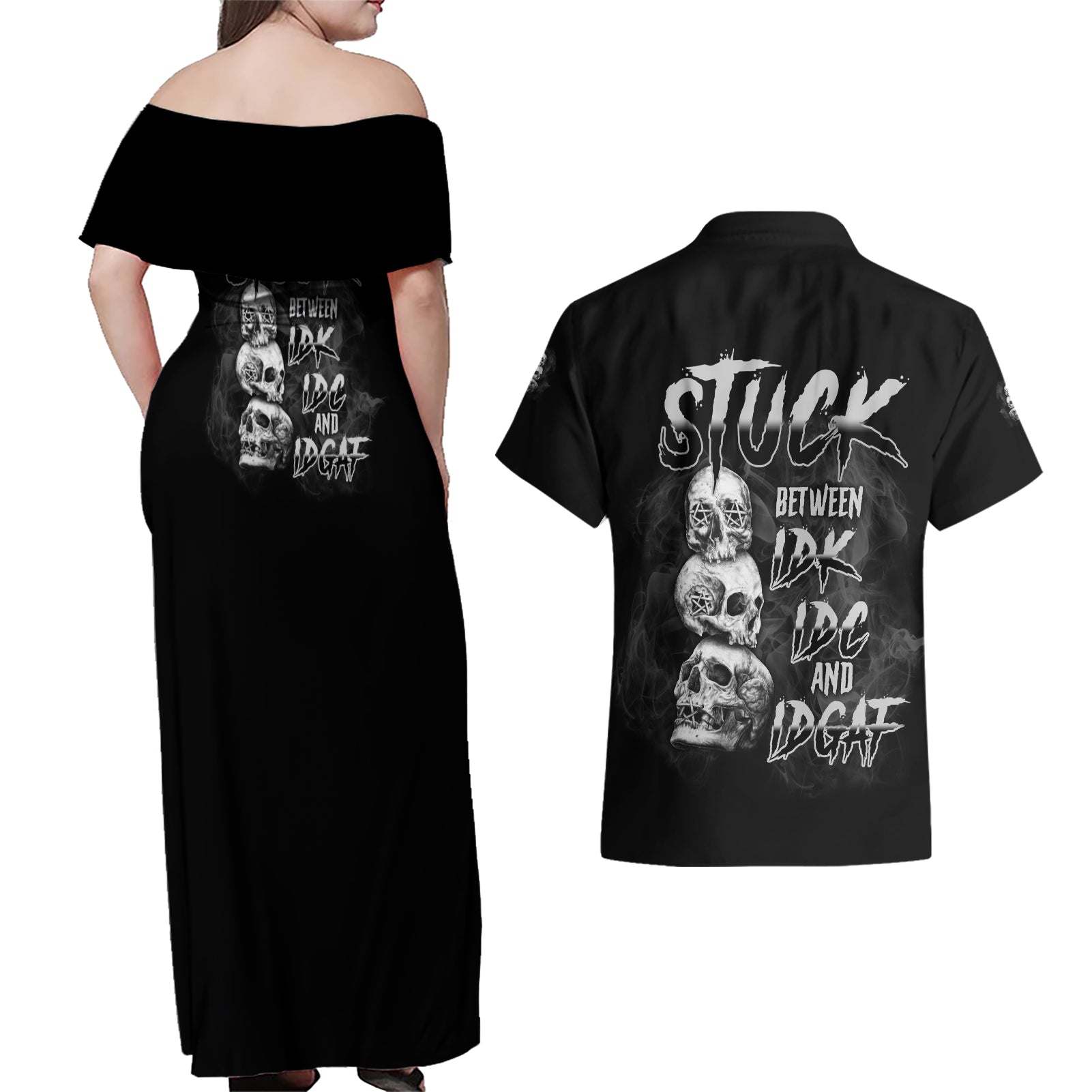 Stuck Between Idk Idc Idgaf Couples Matching Off Shoulder Maxi Dress and Hawaiian Shirt - Wonder Print Shop