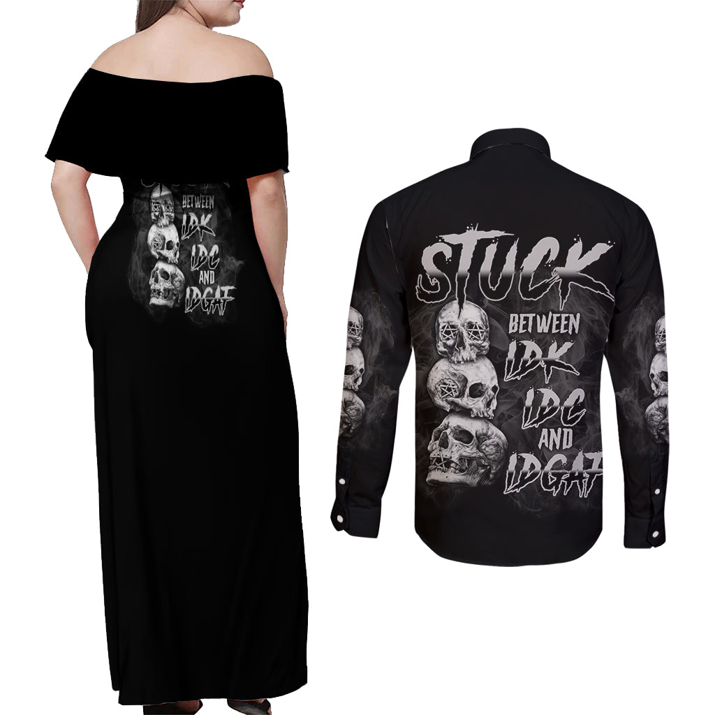 Stuck Between Idk Idc Idgaf Couples Matching Off Shoulder Maxi Dress and Long Sleeve Button Shirt - Wonder Print Shop