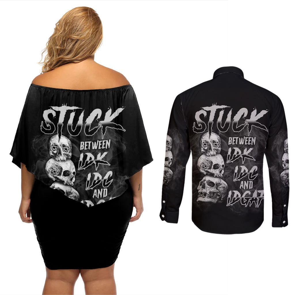 Stuck Between Idk Idc Idgaf Couples Matching Off Shoulder Short Dress and Long Sleeve Button Shirt - Wonder Print Shop