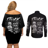 Stuck Between Idk Idc Idgaf Couples Matching Off Shoulder Short Dress and Long Sleeve Button Shirt - Wonder Print Shop