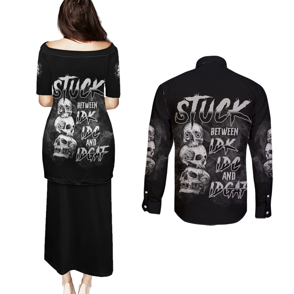 Stuck Between Idk Idc Idgaf Couples Matching Puletasi Dress and Long Sleeve Button Shirt - Wonder Print Shop