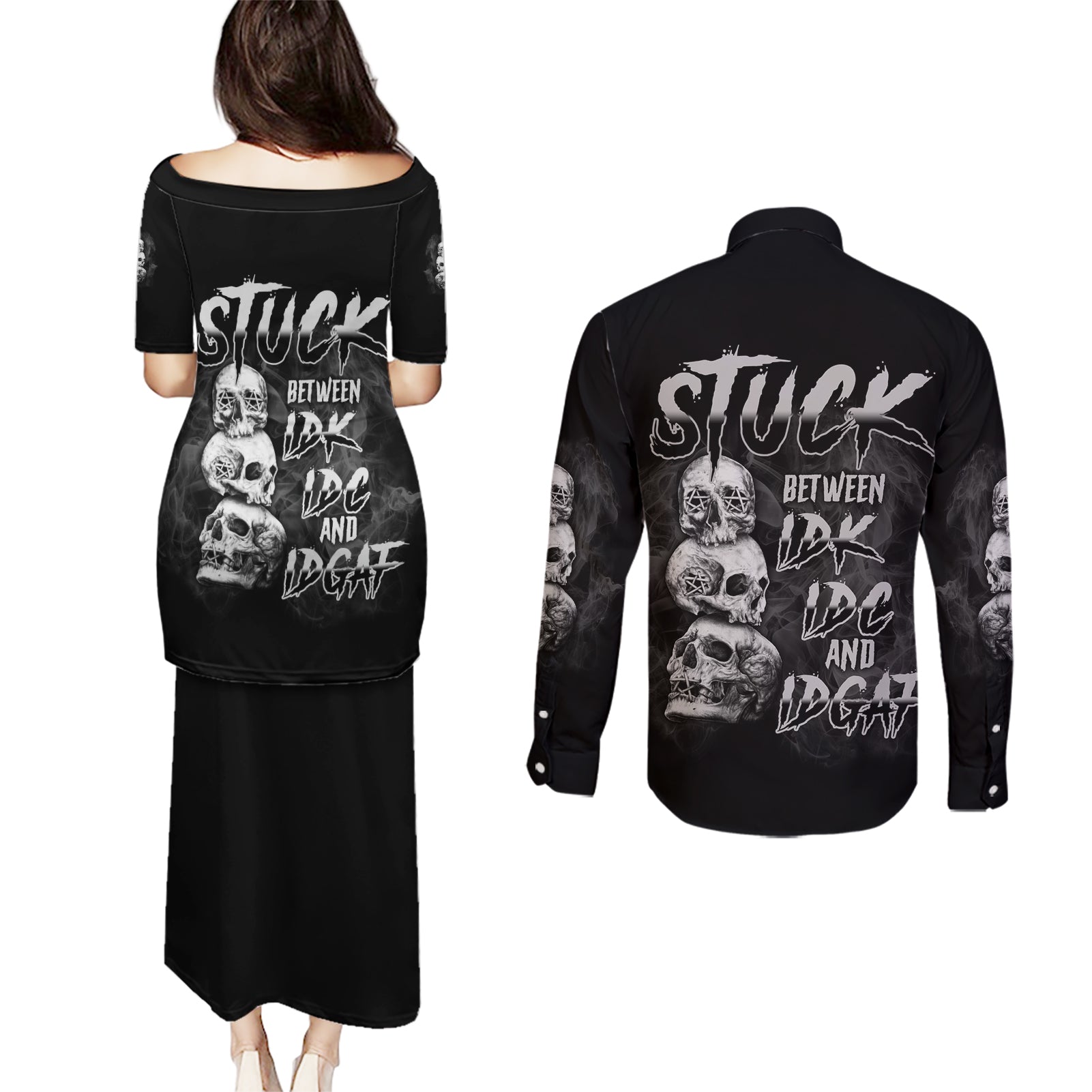 Stuck Between Idk Idc Idgaf Couples Matching Puletasi Dress and Long Sleeve Button Shirt - Wonder Print Shop