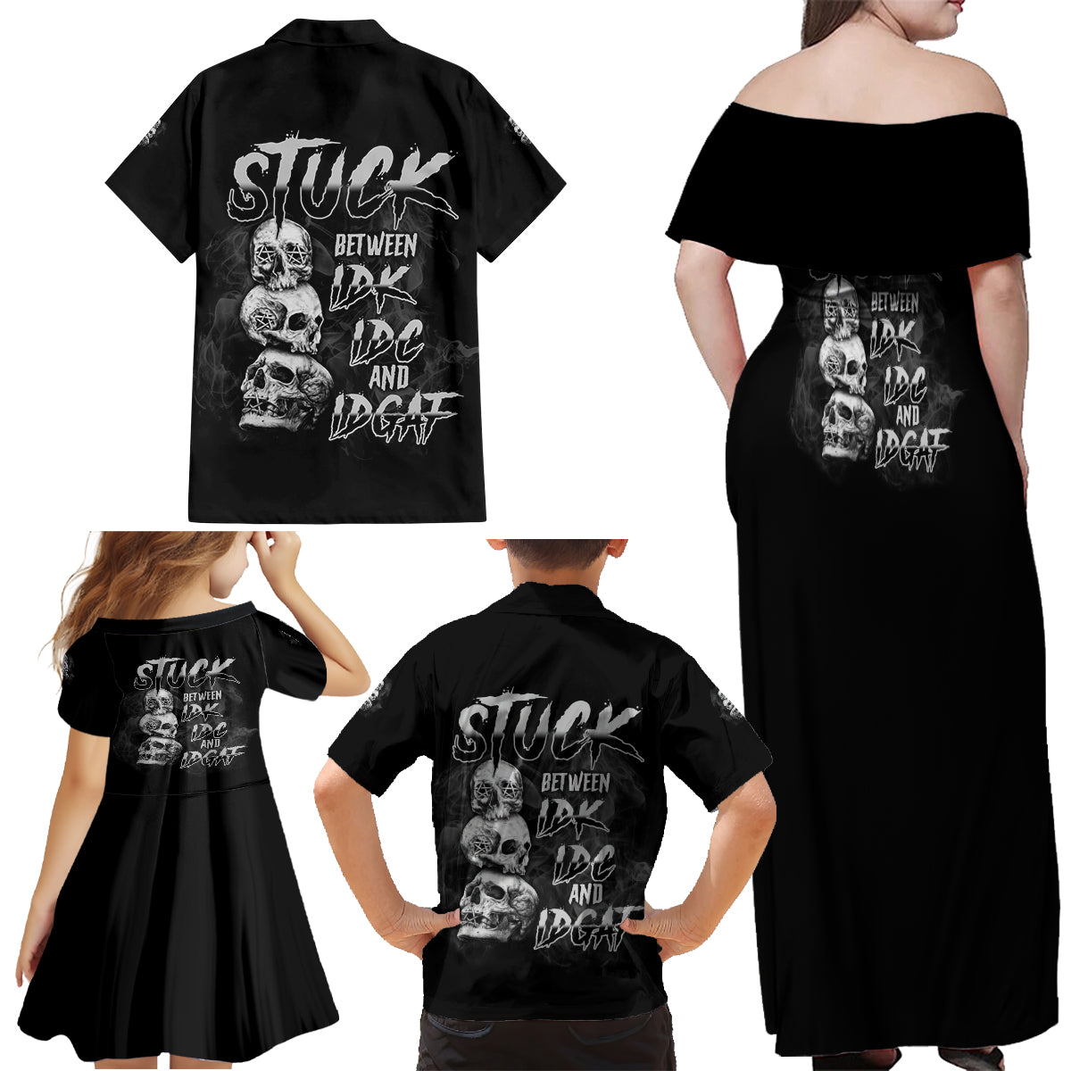 Stuck Between Idk Idc Idgaf Family Matching Off Shoulder Maxi Dress and Hawaiian Shirt - Wonder Print Shop