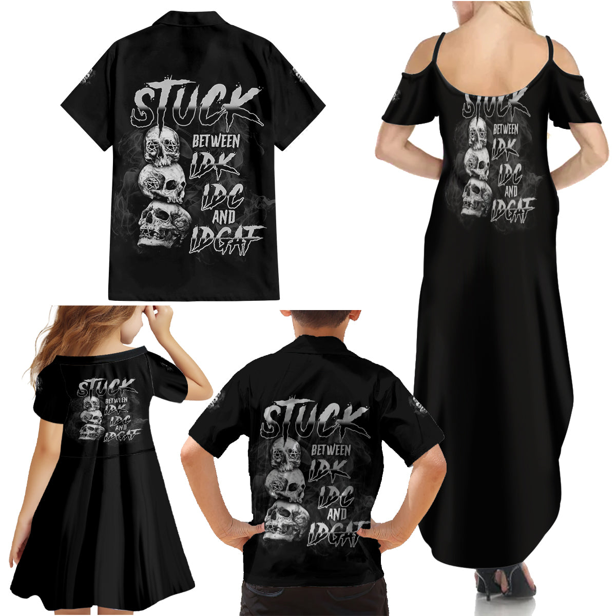 Stuck Between Idk Idc Idgaf Family Matching Summer Maxi Dress and Hawaiian Shirt - Wonder Print Shop