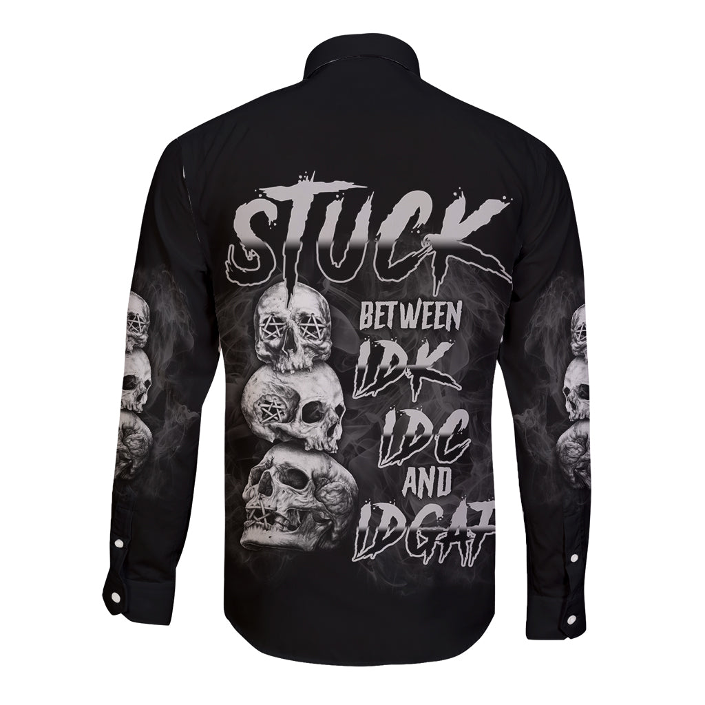 Stuck Between Idk Idc Idgaf Long Sleeve Button Shirt - Wonder Print Shop