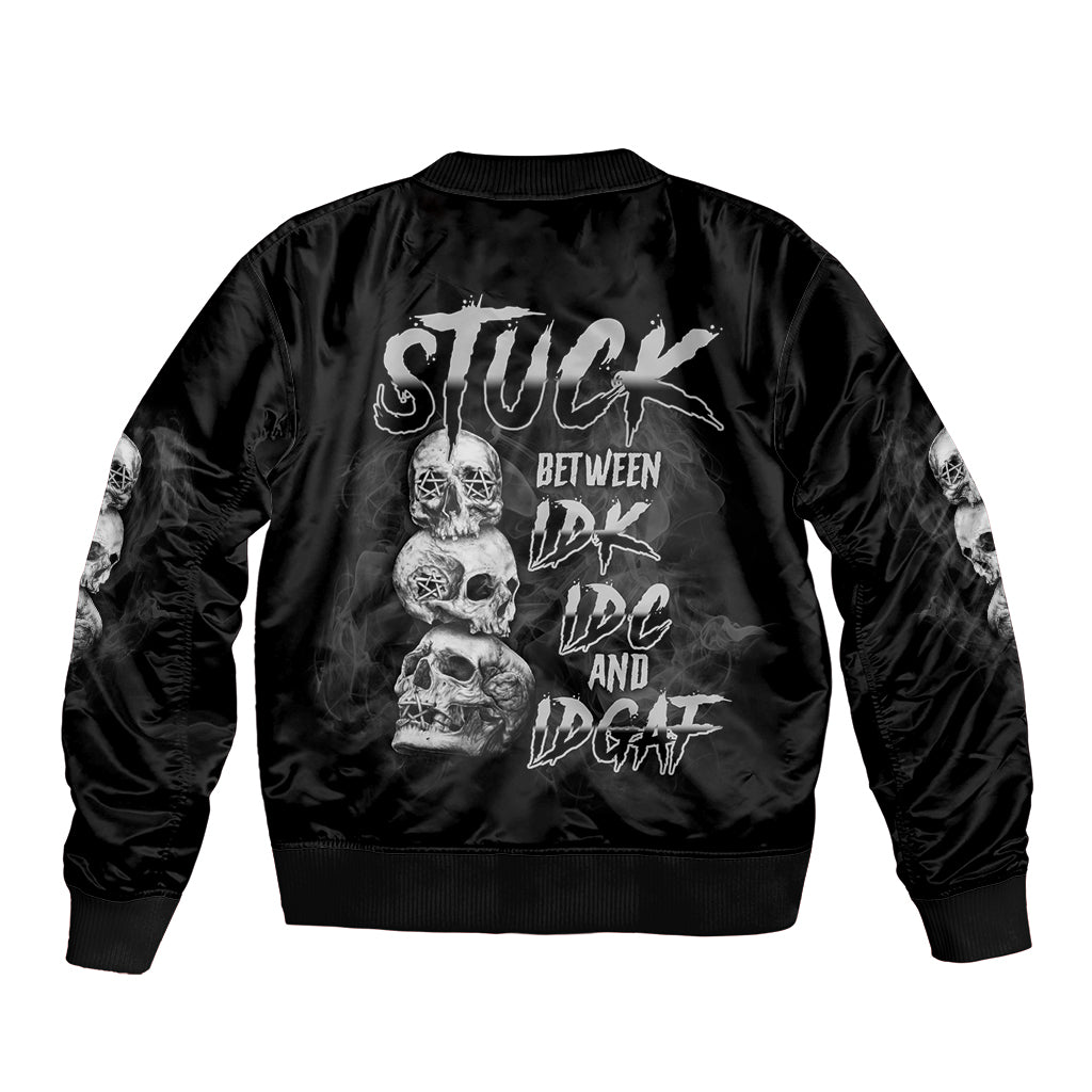 Stuck Between Idk Idc Idgaf Sleeve Zip Bomber Jacket - Wonder Print Shop