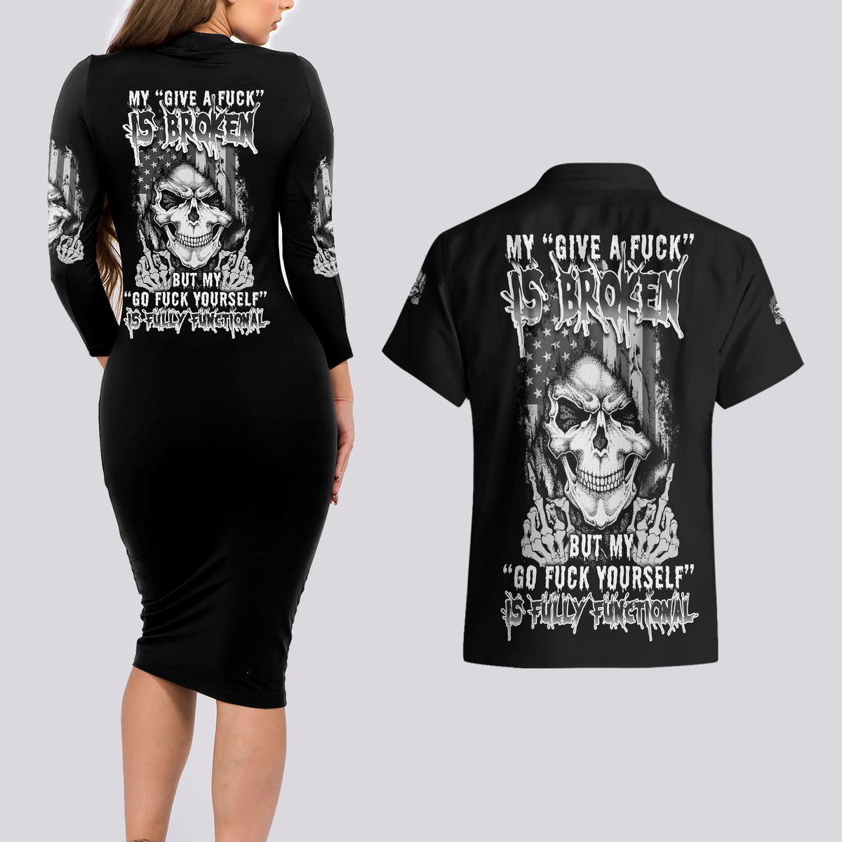 My Give A F Mad Skull Couples Matching Long Sleeve Bodycon Dress and Hawaiian Shirt - Wonder Print Shop