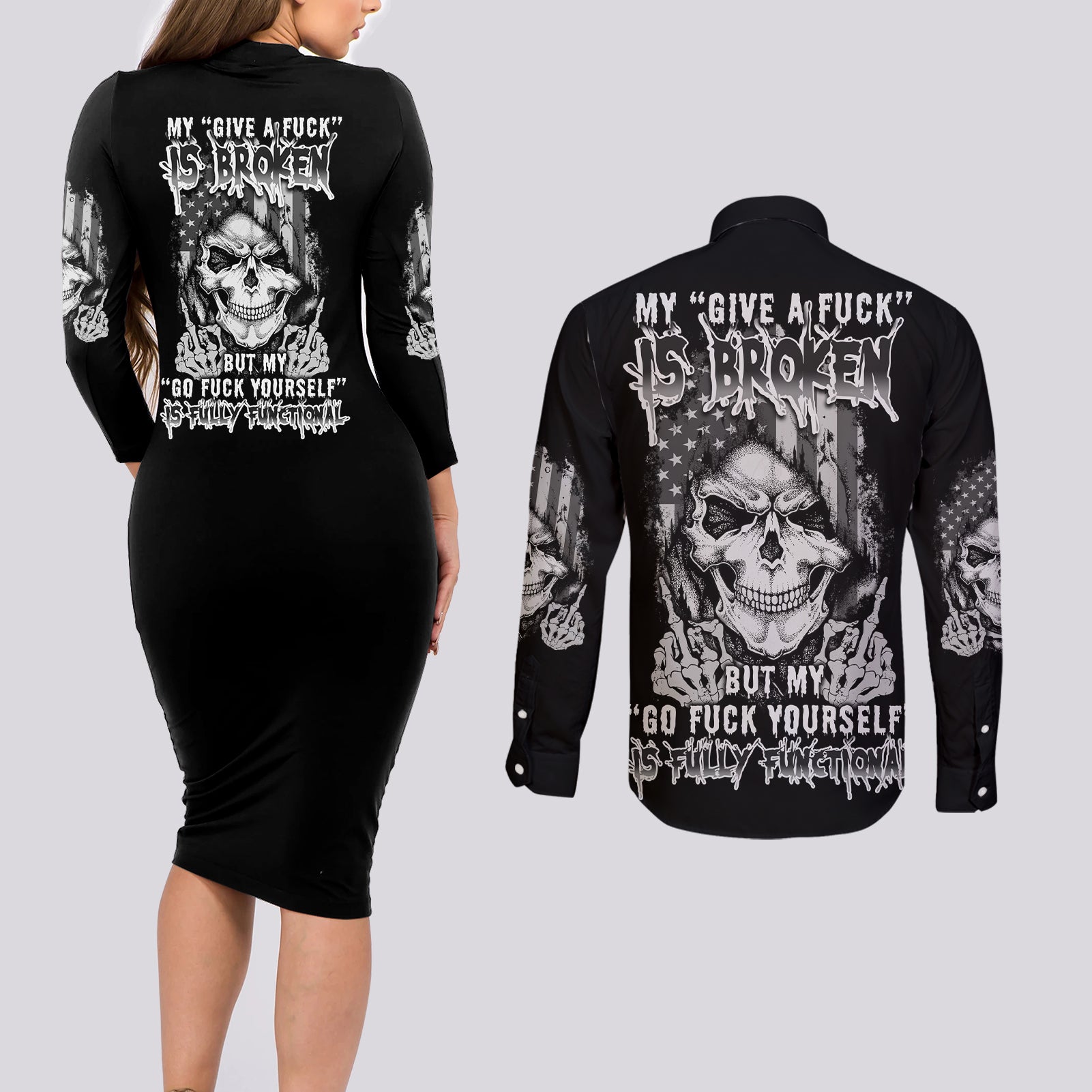 My Give A F Mad Skull Couples Matching Long Sleeve Bodycon Dress and Long Sleeve Button Shirt - Wonder Print Shop