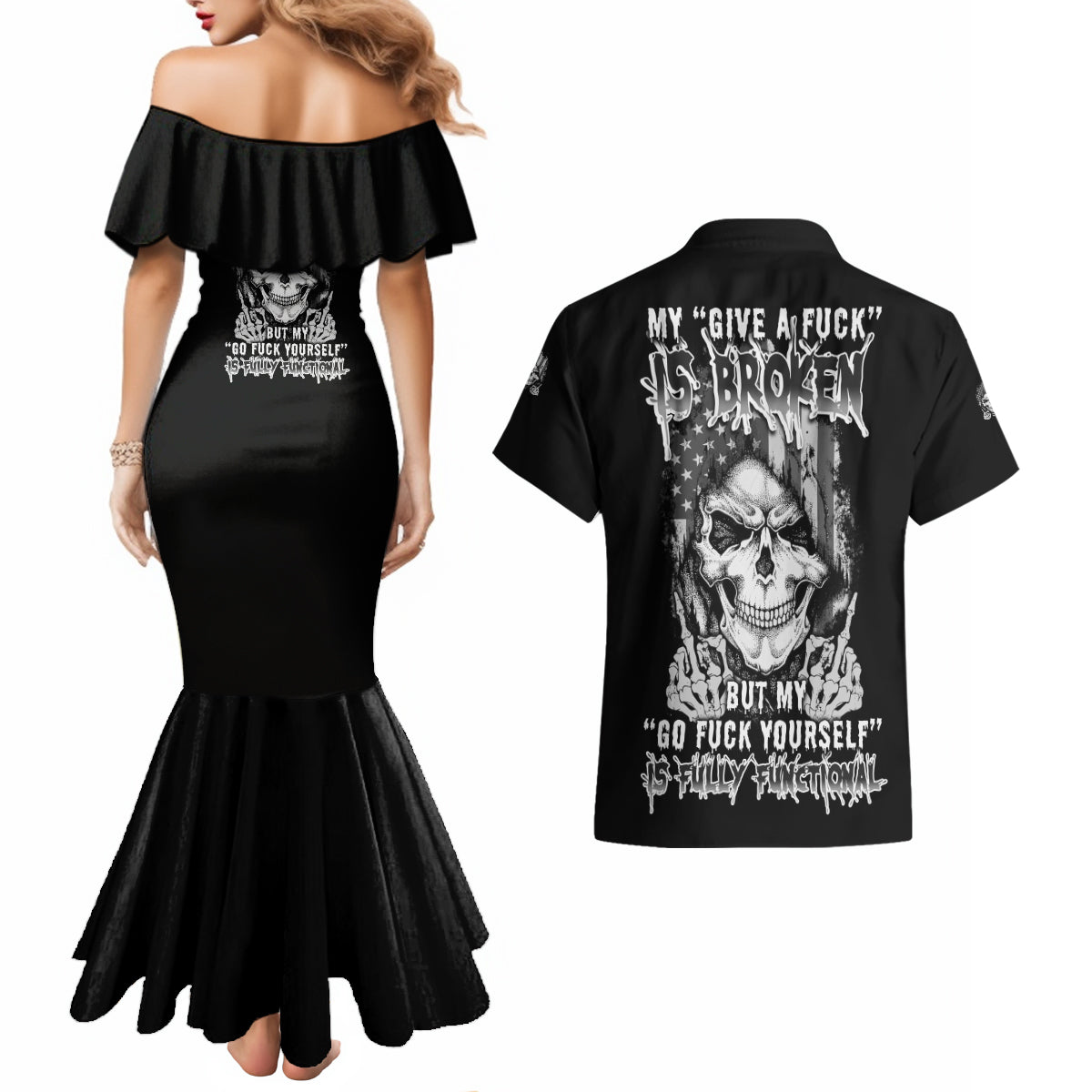 My Give A F Mad Skull Couples Matching Mermaid Dress and Hawaiian Shirt - Wonder Print Shop