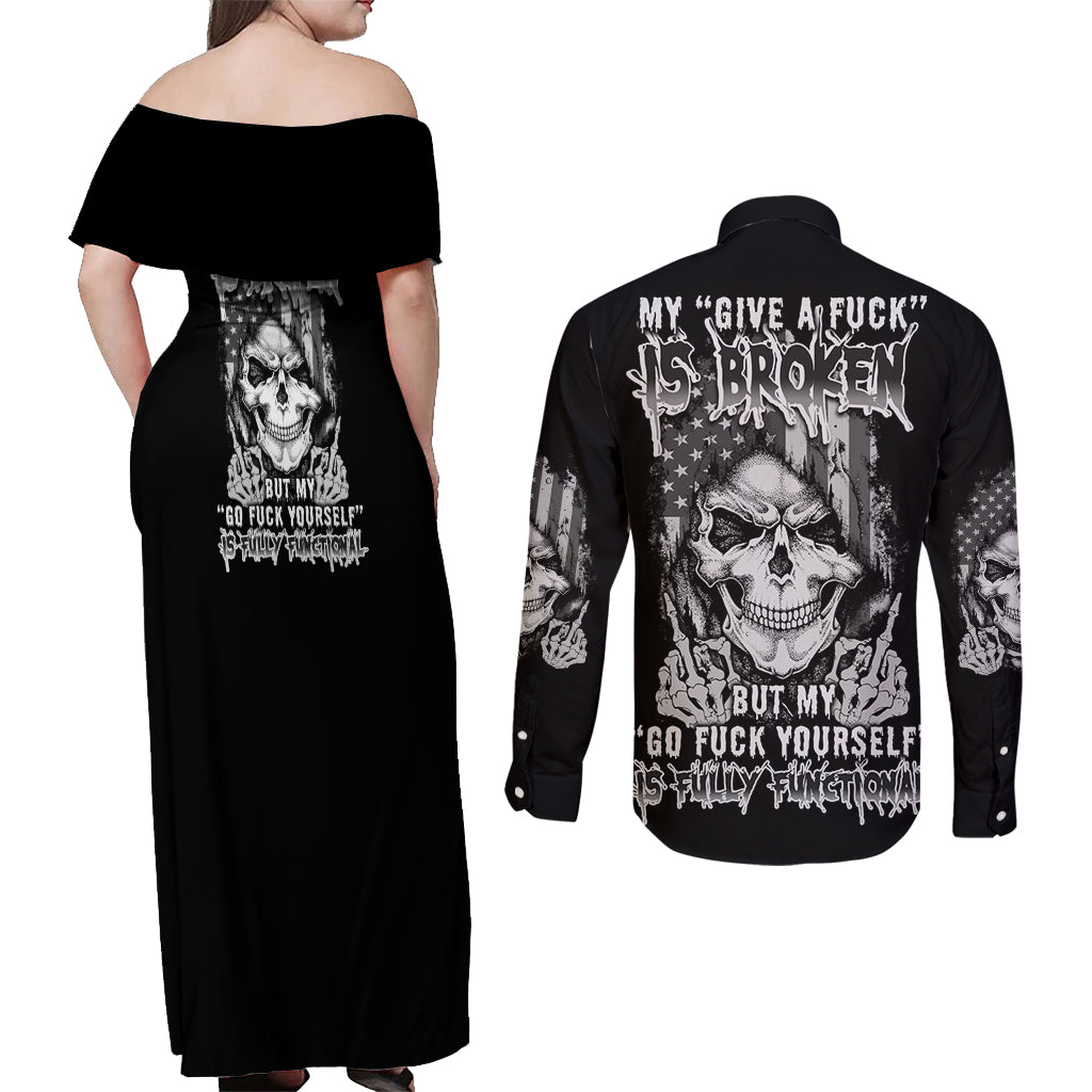 My Give A F Mad Skull Couples Matching Off Shoulder Maxi Dress and Long Sleeve Button Shirt - Wonder Print Shop