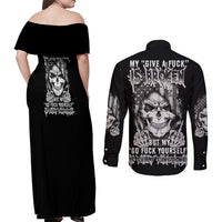 My Give A F Mad Skull Couples Matching Off Shoulder Maxi Dress and Long Sleeve Button Shirt - Wonder Print Shop