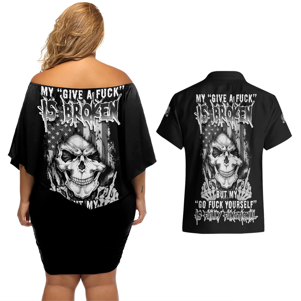 My Give A F Mad Skull Couples Matching Off Shoulder Short Dress and Hawaiian Shirt - Wonder Print Shop