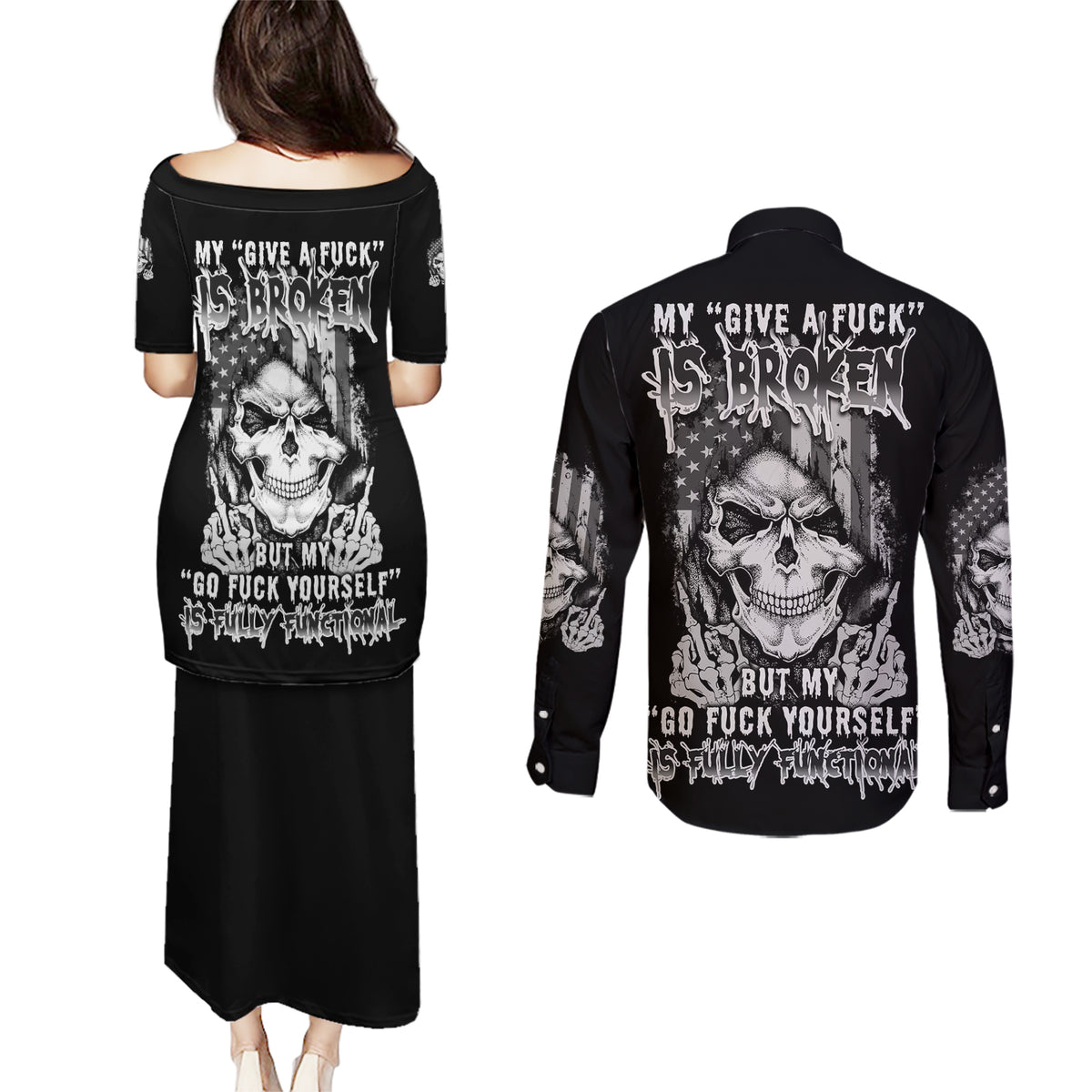 My Give A F Mad Skull Couples Matching Puletasi Dress and Long Sleeve Button Shirt - Wonder Print Shop
