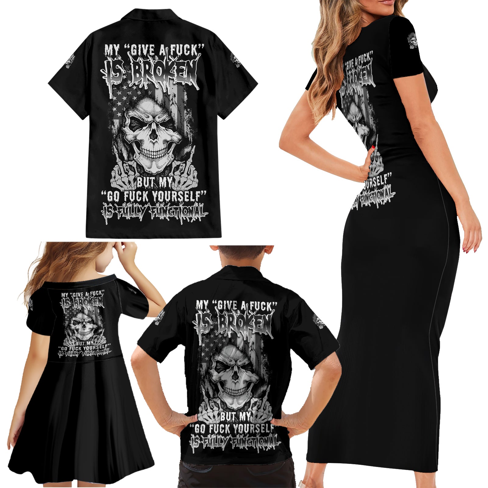 My Give A F Mad Skull Family Matching Short Sleeve Bodycon Dress and Hawaiian Shirt - Wonder Print Shop